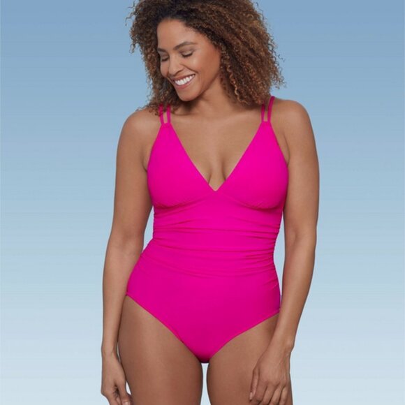 Women's UPF 50 V-Neck Shirred One Piece Swimsuit - Aqua Green Pink L - Picture 1 of 6